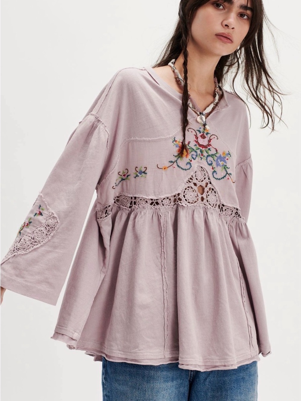 Free people Kennedy tunic Embroidered Lace-Trim Peasant Top - Light Mauve